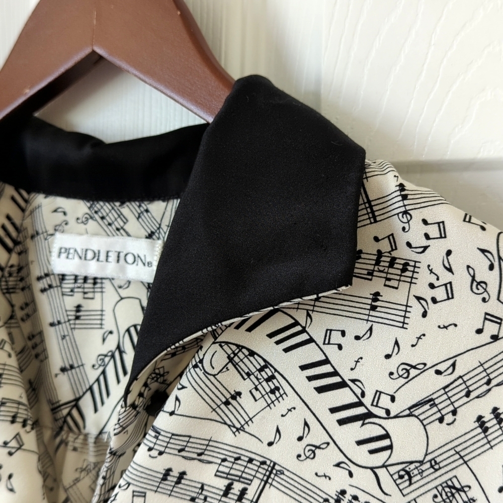 Pendleton 90's Vintage Silky Sheet Music Print Button Down Blouse Cream Black 4 - Picture 3 of 11